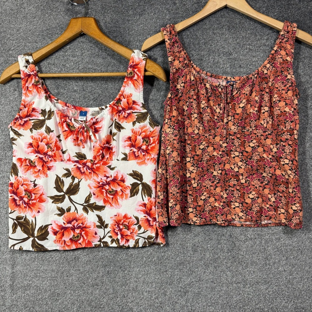 Old Navy Women Floral Sleeveless Tank Tops Lot of 2 Orange Pink Rayon Small